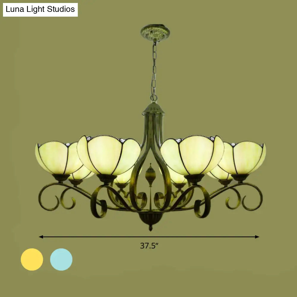 Scalloped Tiffany Chandelier: Yellow/Blue Stained Glass 3/6/8 Lights Hanging Fixture