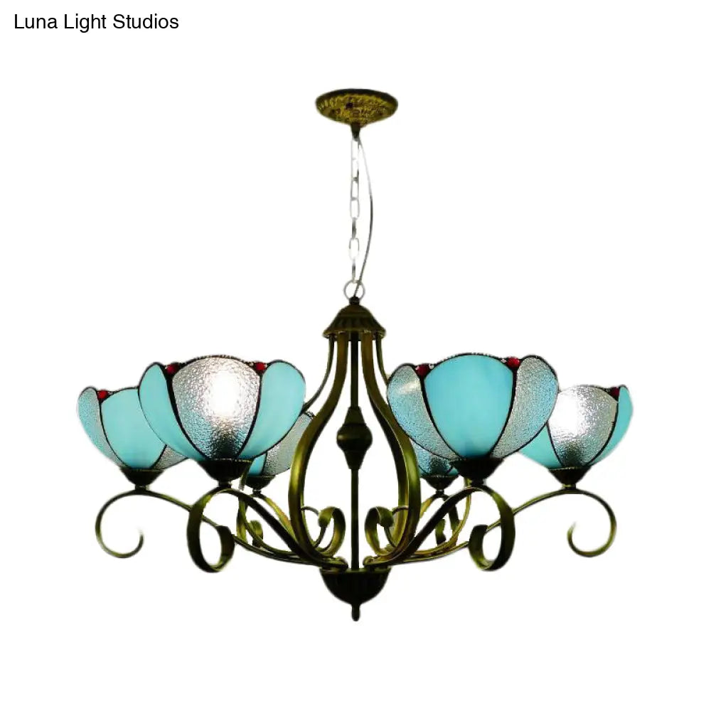 Scalloped Tiffany Chandelier: Yellow/Blue Stained Glass 3/6/8 Lights Hanging Fixture