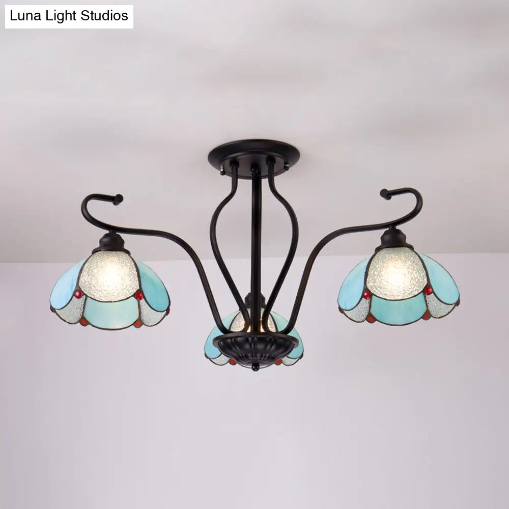 Scalloped Tiffany Stained Glass Semi Flush Light With 3 Heads In Clear/Blue