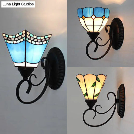Scalloped Tiffany Stained Glass Wall Lamp - Multicolored Sky Blue/Beige/Blue-White 1 Head Fixture