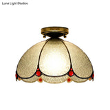 Scalloped Vintage Stained Glass Flush Mount Light - 1 In White/Beige/Blue Perfect For Living Room