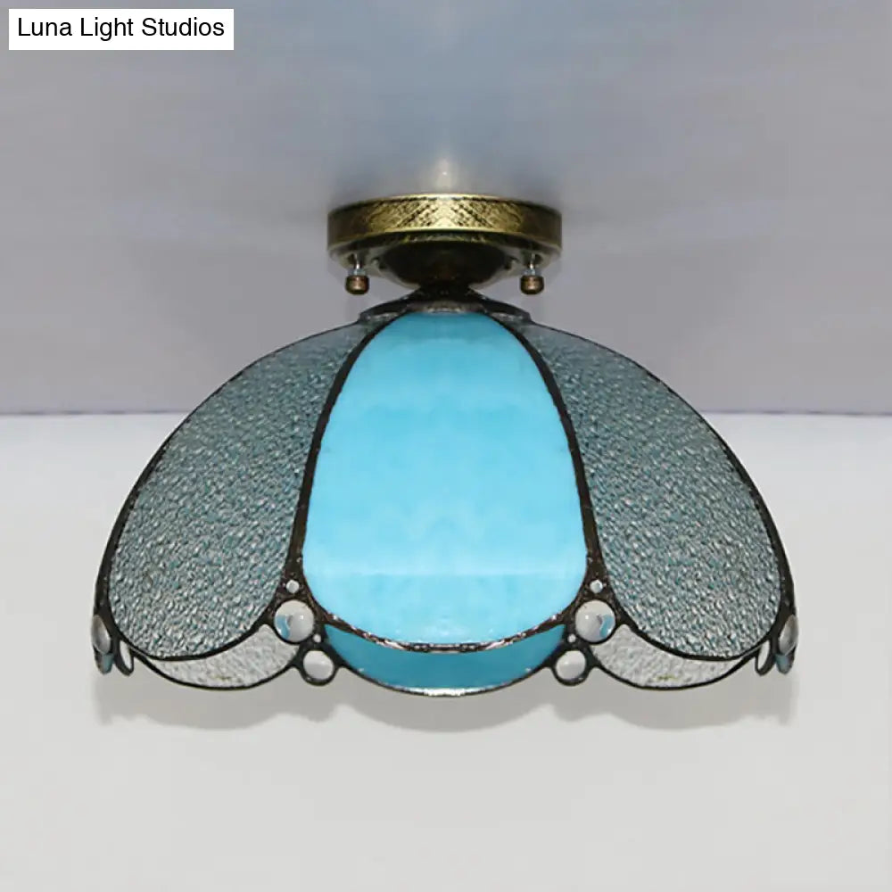 Scalloped Vintage Stained Glass Flush Mount Light - 1 In White/Beige/Blue Perfect For Living Room