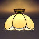 Scalloped Vintage Stained Glass Flush Mount Light - 1 In White/Beige/Blue Perfect For Living Room