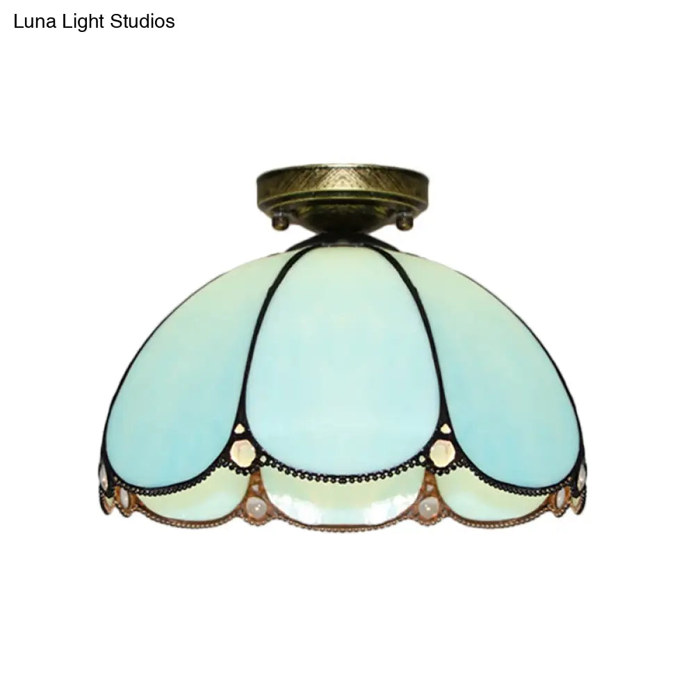 Scalloped Vintage Stained Glass Flush Mount Light - 1 In White/Beige/Blue Perfect For Living Room