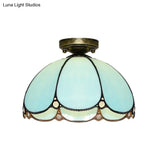 Scalloped Vintage Stained Glass Flush Mount Light - 1 In White/Beige/Blue Perfect For Living Room