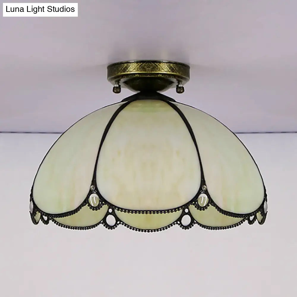 Scalloped Vintage Stained Glass Flush Mount Light - 1 In White/Beige/Blue Perfect For Living Room