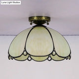 Scalloped Vintage Stained Glass Flush Mount Light - 1 In White/Beige/Blue Perfect For Living Room