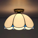 Scalloped Vintage Stained Glass Flush Mount Light - 1 In White/Beige/Blue Perfect For Living Room