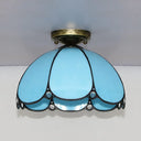 Scalloped Vintage Stained Glass Flush Mount Light - 1 In White/Beige/Blue Perfect For Living Room