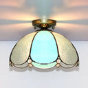 Scalloped Vintage Stained Glass Flush Mount Light - 1 In White/Beige/Blue Perfect For Living Room