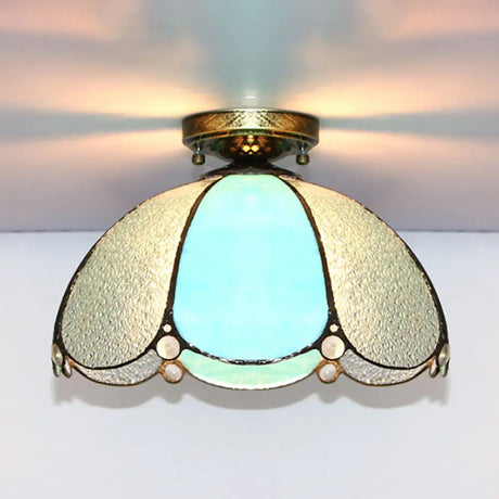 Scalloped Vintage Stained Glass Flush Mount Light - 1 In White/Beige/Blue Perfect For Living Room