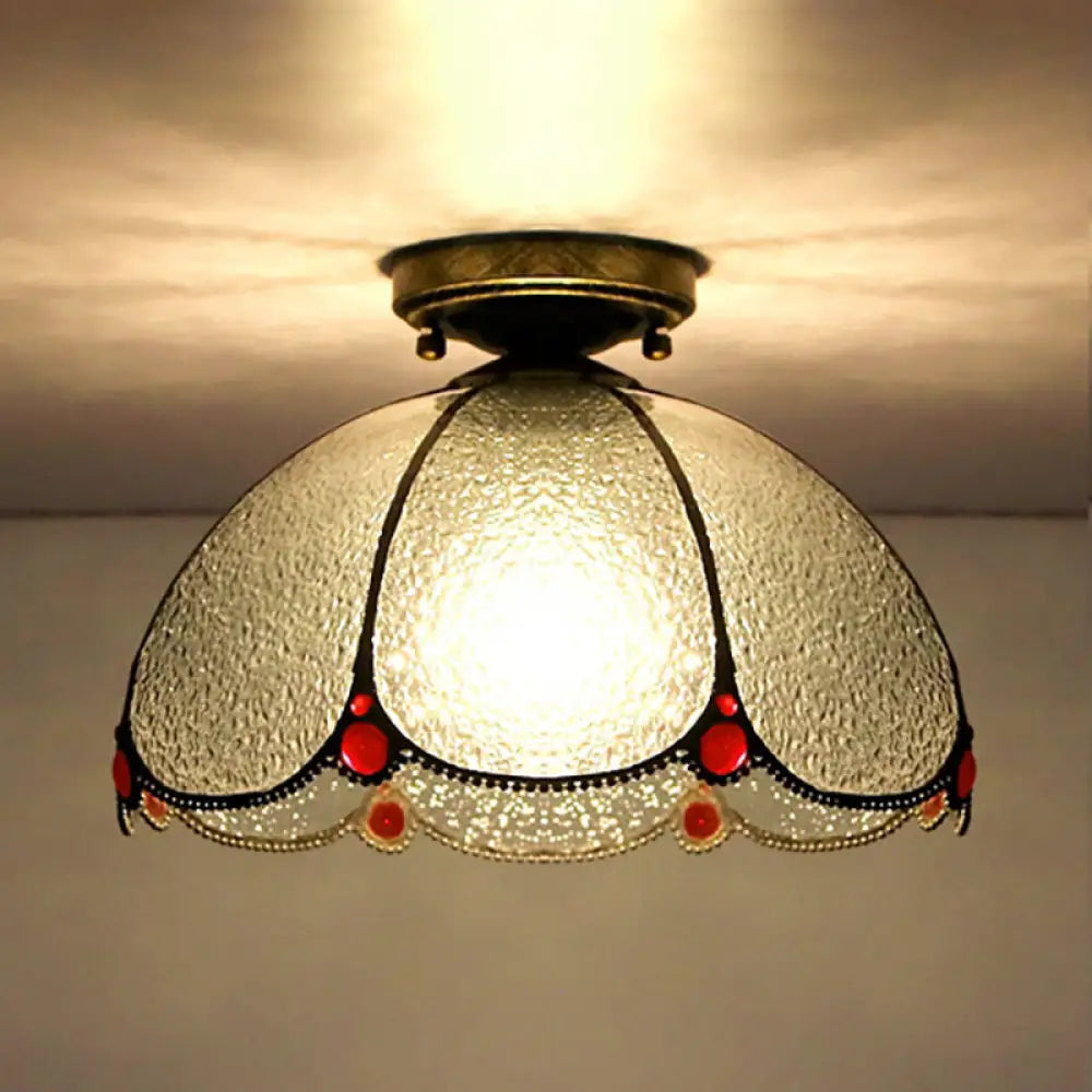 Scalloped Vintage Stained Glass Flush Mount Light - 1 In White/Beige/Blue Perfect For Living Room