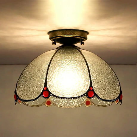 Scalloped Vintage Stained Glass Flush Mount Light - 1 In White/Beige/Blue Perfect For Living Room