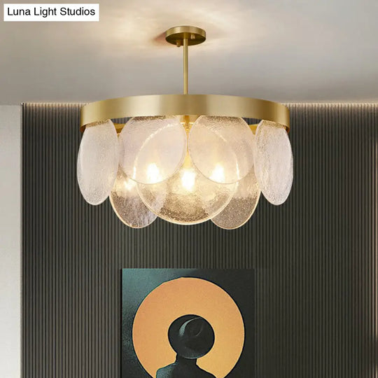 Seeded Glass Disc Pendant Chandelier - Postmodern 3-Light Brass Design For Living Room