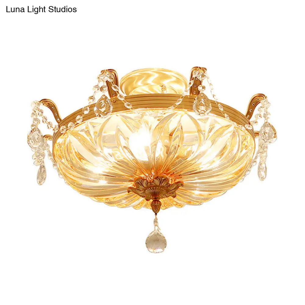Semi Flush Amber Crystal Glass Brass 5-Bulb Modern Light Fixture For Bedroom