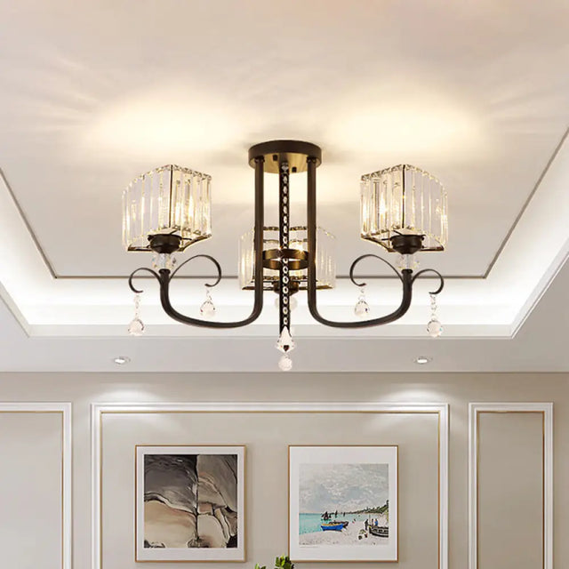 Semi Flush Black Metal Ceiling Lamp With Crystal Cuboid Shade - Swirling Arm 3/7 Heads 3 /