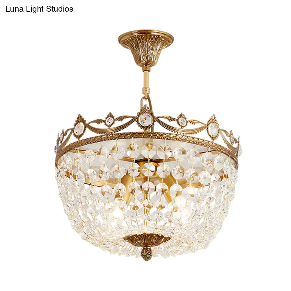 Semi - Flush Brass Crystal Ceiling Light Fixture With 4 Lights - Traditional Design For Elegant