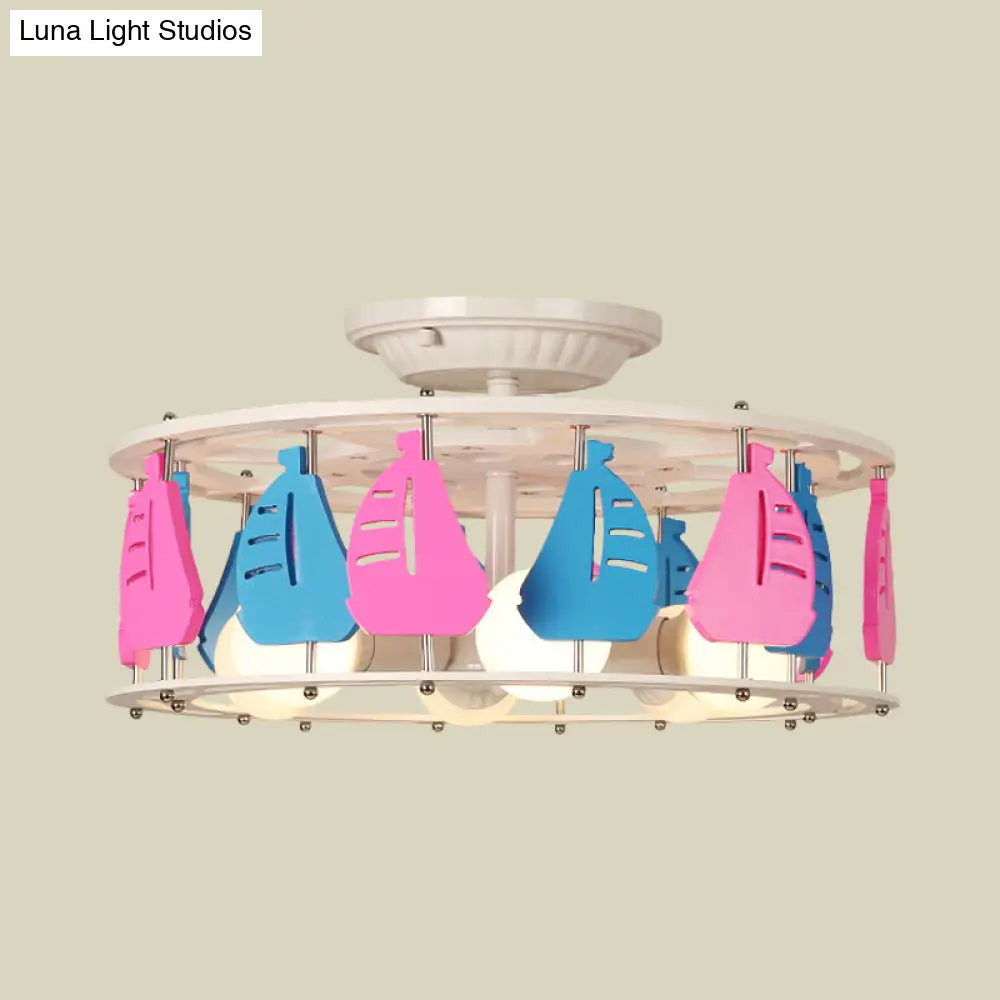 Semi Flush Elephant/Boat/Rudder Lamp With Drum Design For Kids - 5 - Light Wood Fixture In