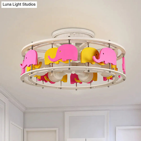 Semi Flush Elephant/Boat/Rudder Lamp With Drum Design For Kids - 5 - Light Wood Fixture In
