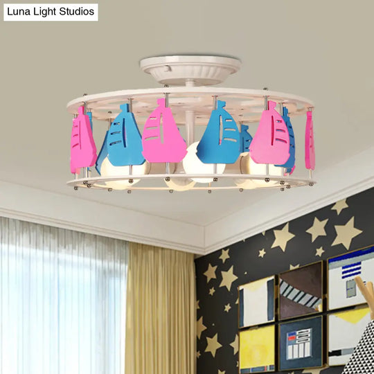 Semi Flush Elephant/Boat/Rudder Lamp With Drum Design For Kids - 5 - Light Wood Fixture In
