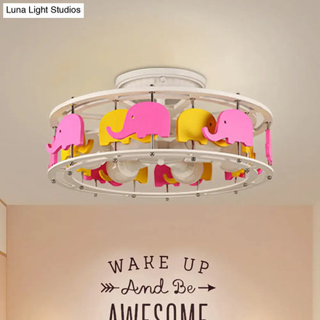 Semi Flush Elephant/Boat/Rudder Lamp With Drum Design For Kids - 5 - Light Wood Fixture In