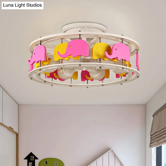 Semi Flush Elephant/Boat/Rudder Lamp With Drum Design For Kids - 5-Light Wood Fixture In Pink/Yellow