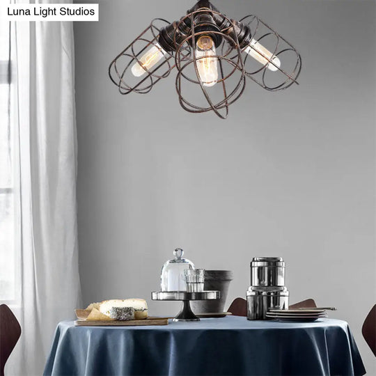 Semi Flush Farmhouse Pendant Light Rustic Wrought Iron With Wire Frame 3 Lights Bronze/Aged Silver