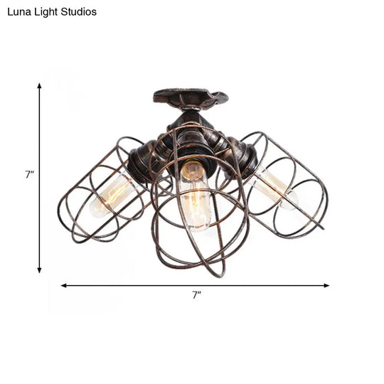 Semi Flush Farmhouse Pendant Light – Rustic Wrought Iron With Wire Frame 3 Lights Bronze/Aged Silver