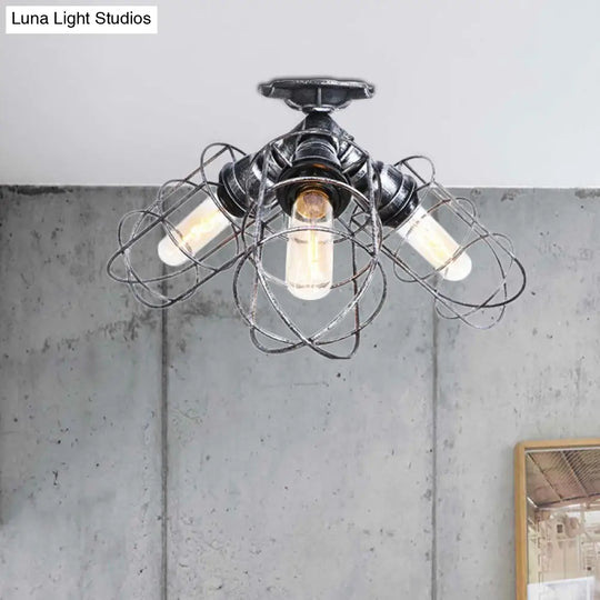 Semi Flush Farmhouse Pendant Light – Rustic Wrought Iron With Wire Frame 3 Lights Bronze/Aged Silver