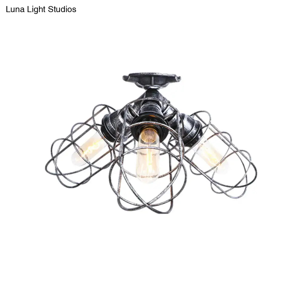Semi Flush Farmhouse Pendant Light – Rustic Wrought Iron With Wire Frame 3 Lights Bronze/Aged Silver