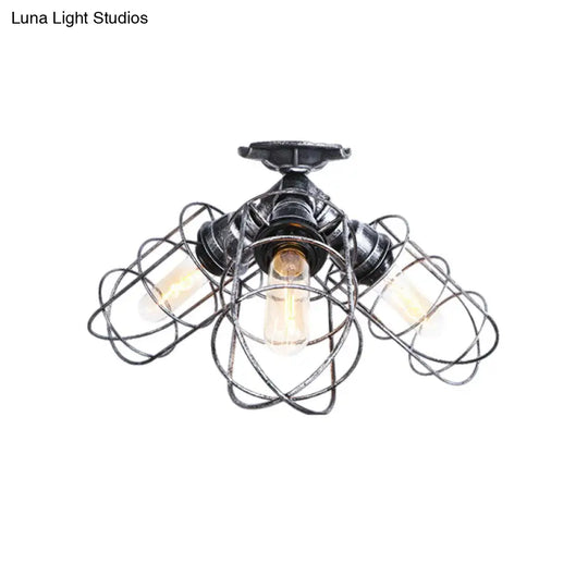 Semi Flush Farmhouse Pendant Light – Rustic Wrought Iron With Wire Frame 3 Lights Bronze/Aged Silver