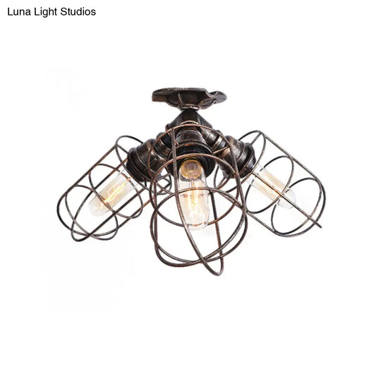 Semi Flush Farmhouse Pendant Light Rustic Wrought Iron With Wire Frame 3 Lights Bronze/Aged Silver