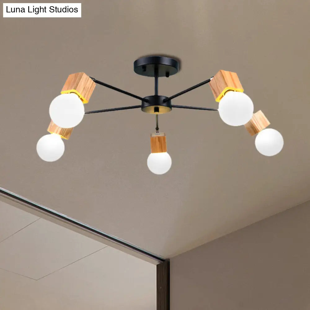 Semi Flush Industrial Ceiling Lamp With Wood Accents - 3/5-Light Metal Open Bulb Fixture For Bedroom