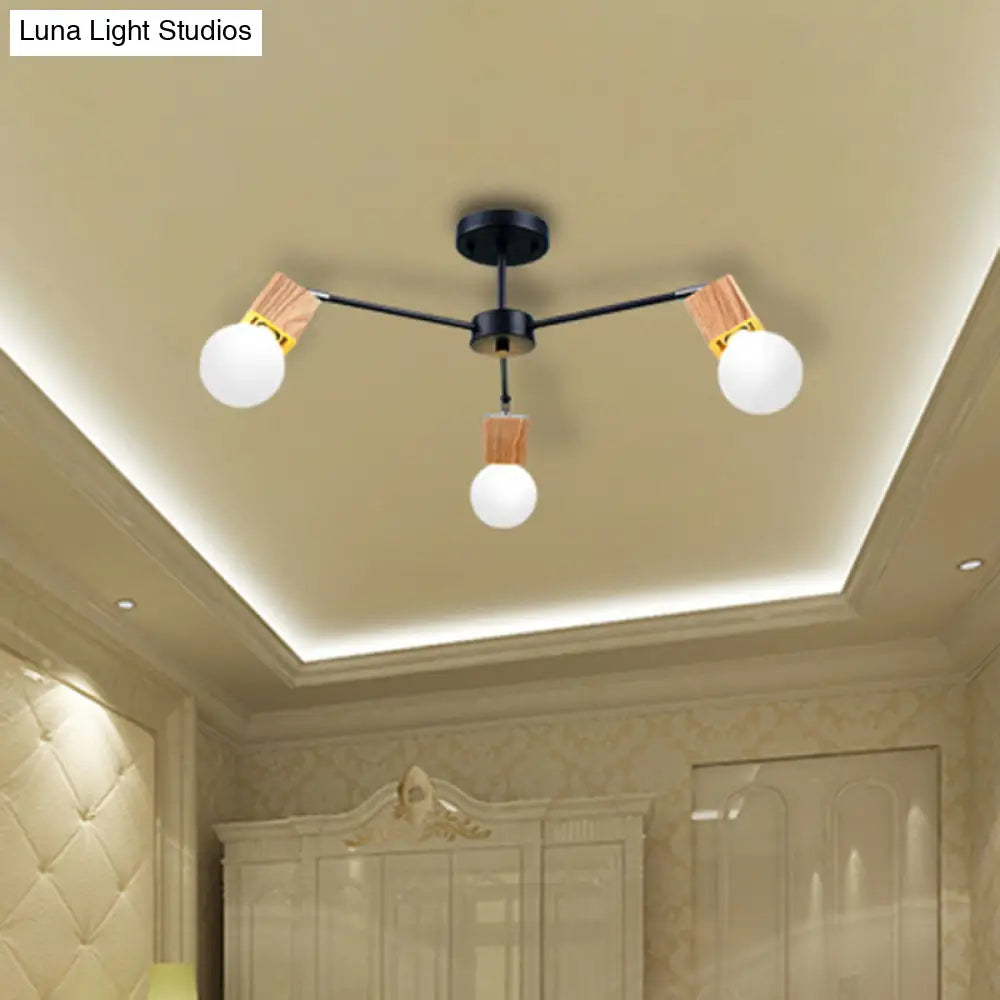 Semi Flush Industrial Ceiling Lamp With Wood Accents - 3/5-Light Metal Open Bulb Fixture For Bedroom
