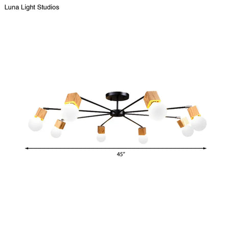 Semi Flush Industrial Ceiling Lamp With Wood Accents - 3/5-Light Metal Open Bulb Fixture For Bedroom