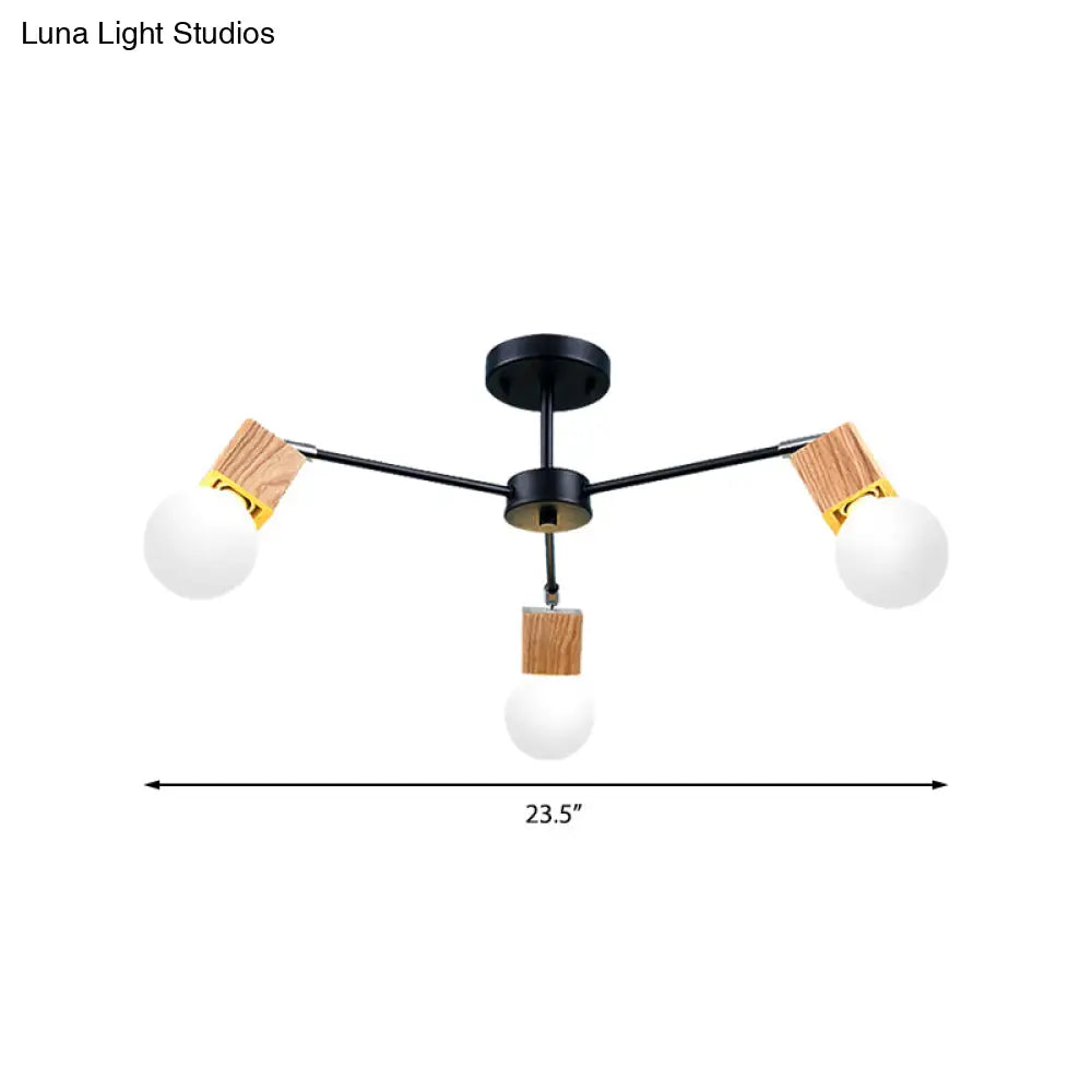 Semi Flush Industrial Ceiling Lamp With Wood Accents - 3/5-Light Metal Open Bulb Fixture For Bedroom