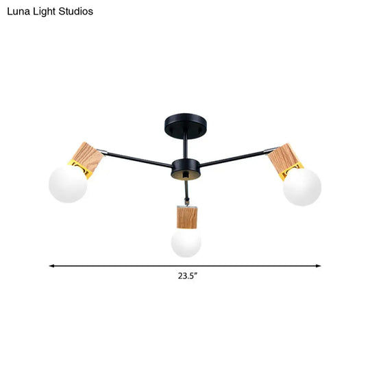 Semi Flush Industrial Ceiling Lamp With Wood Accents - 3/5-Light Metal Open Bulb Fixture For Bedroom
