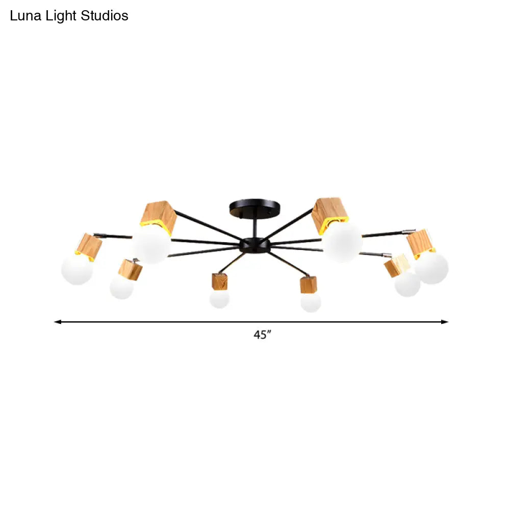 Semi Flush Industrial Ceiling Lamp With Wood Accents - 3/5-Light Metal Open Bulb Fixture For Bedroom