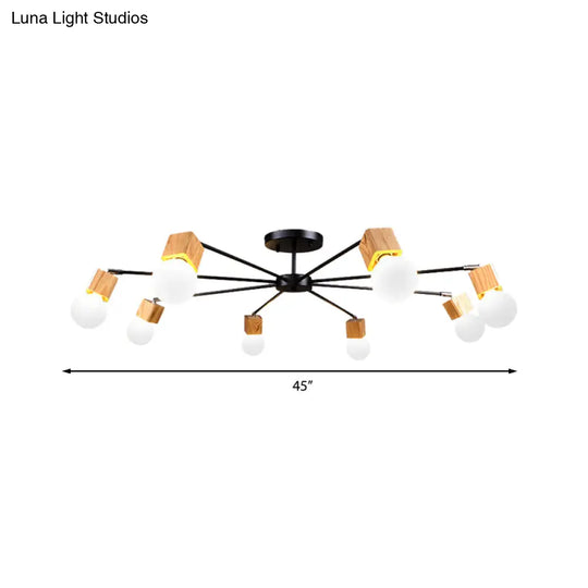 Semi Flush Industrial Ceiling Lamp With Wood Accents - 3/5-Light Metal Open Bulb Fixture For Bedroom