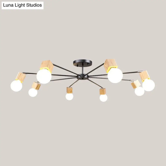 Semi Flush Industrial Ceiling Lamp With Wood Accents - 3/5-Light Metal Open Bulb Fixture For Bedroom