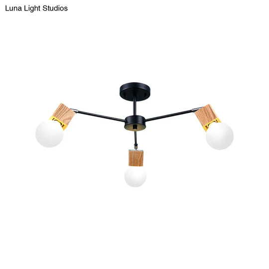 Semi Flush Industrial Ceiling Lamp With Wood Accents - 3/5-Light Metal Open Bulb Fixture For Bedroom