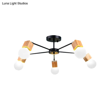 Semi Flush Industrial Ceiling Lamp With Wood Accents - 3/5-Light Metal Open Bulb Fixture For Bedroom