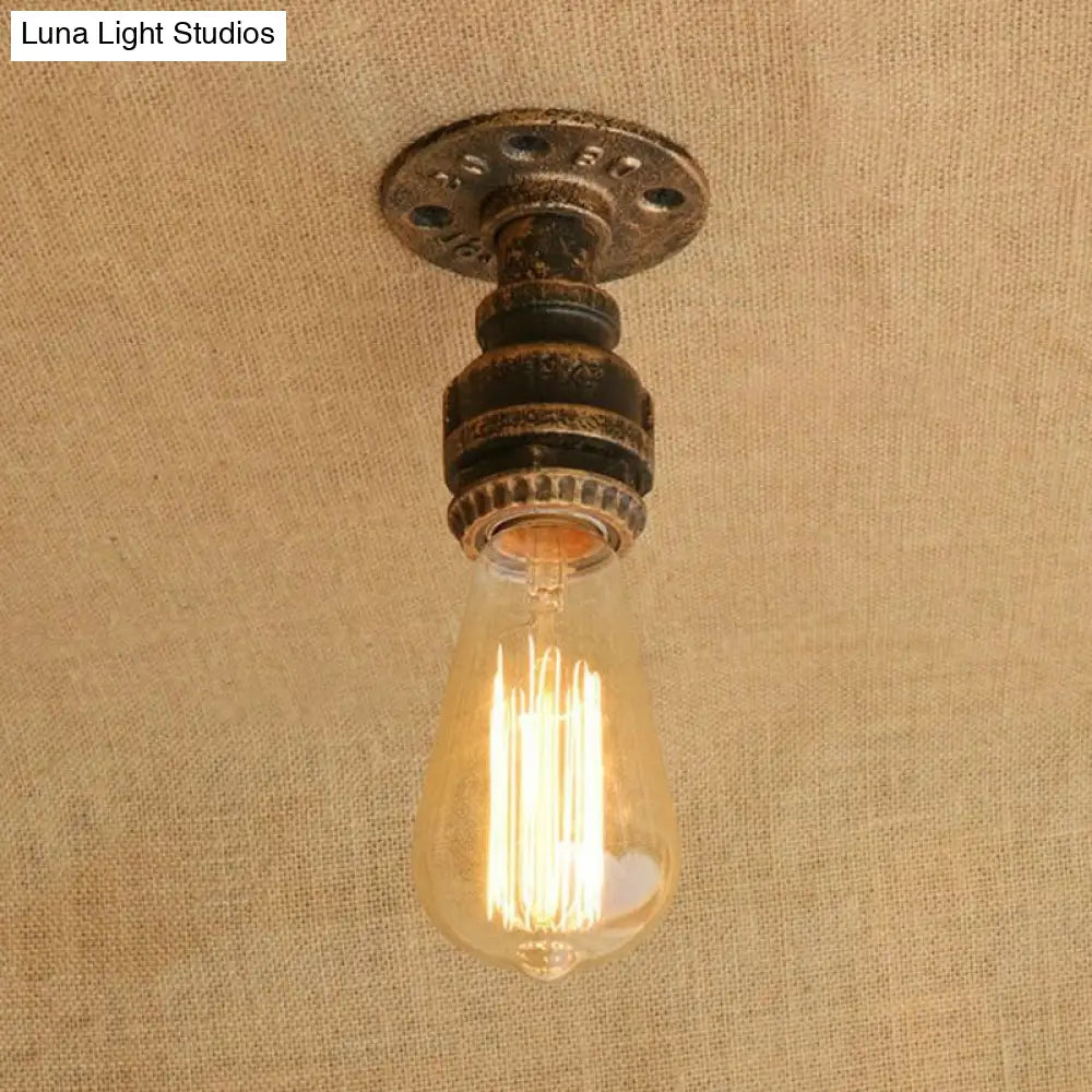 Semi Flush Industrial Rustic Ceiling Lamp - Open Bulb Iron Head In Bronze/Antique Brass For
