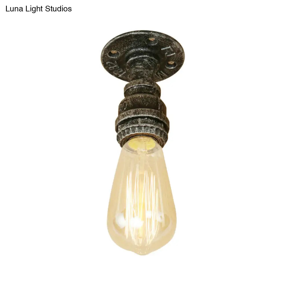 Semi Flush Industrial Rustic Ceiling Lamp - Open Bulb Iron Head In Bronze/Antique Brass For