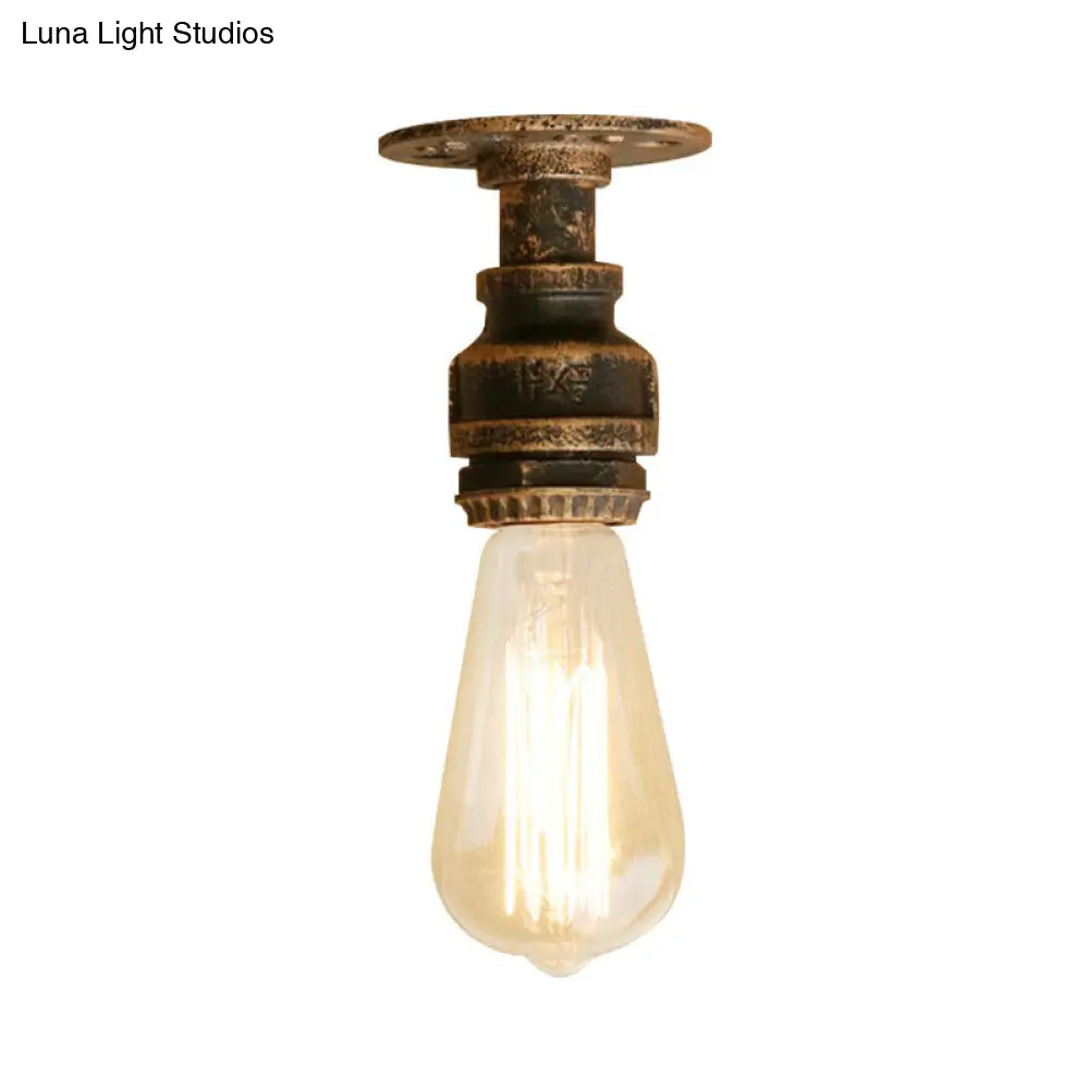 Semi Flush Industrial Rustic Ceiling Lamp - Open Bulb Iron Head In Bronze/Antique Brass For