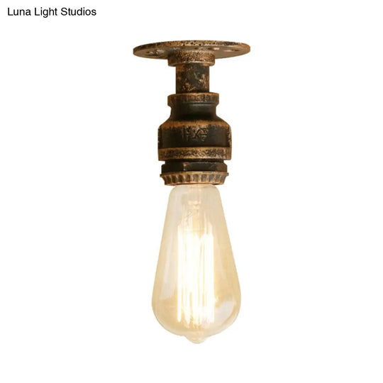 Semi Flush Industrial Rustic Ceiling Lamp - Open Bulb Iron Head In Bronze/Antique Brass For