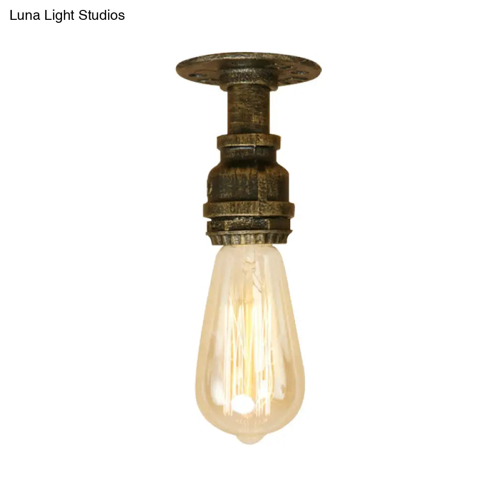 Semi Flush Industrial Rustic Ceiling Lamp - Open Bulb Iron Head In Bronze/Antique Brass For