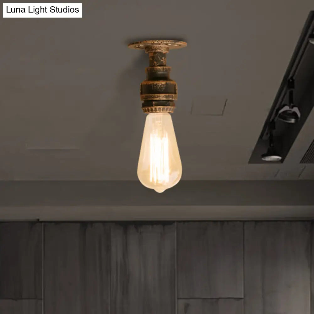 Semi Flush Industrial Rustic Ceiling Lamp - Open Bulb Iron Head In Bronze/Antique Brass For