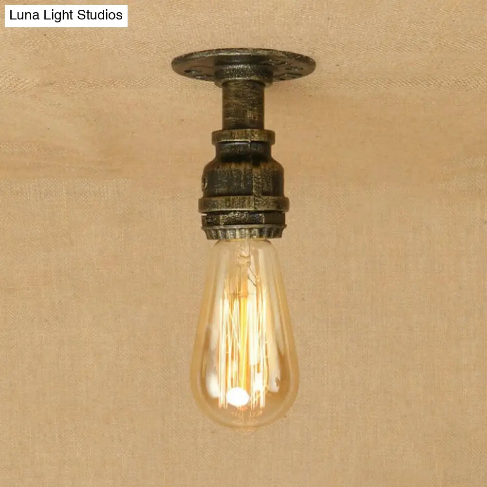Semi Flush Industrial Rustic Ceiling Lamp - Open Bulb Iron Head In Bronze/Antique Brass For