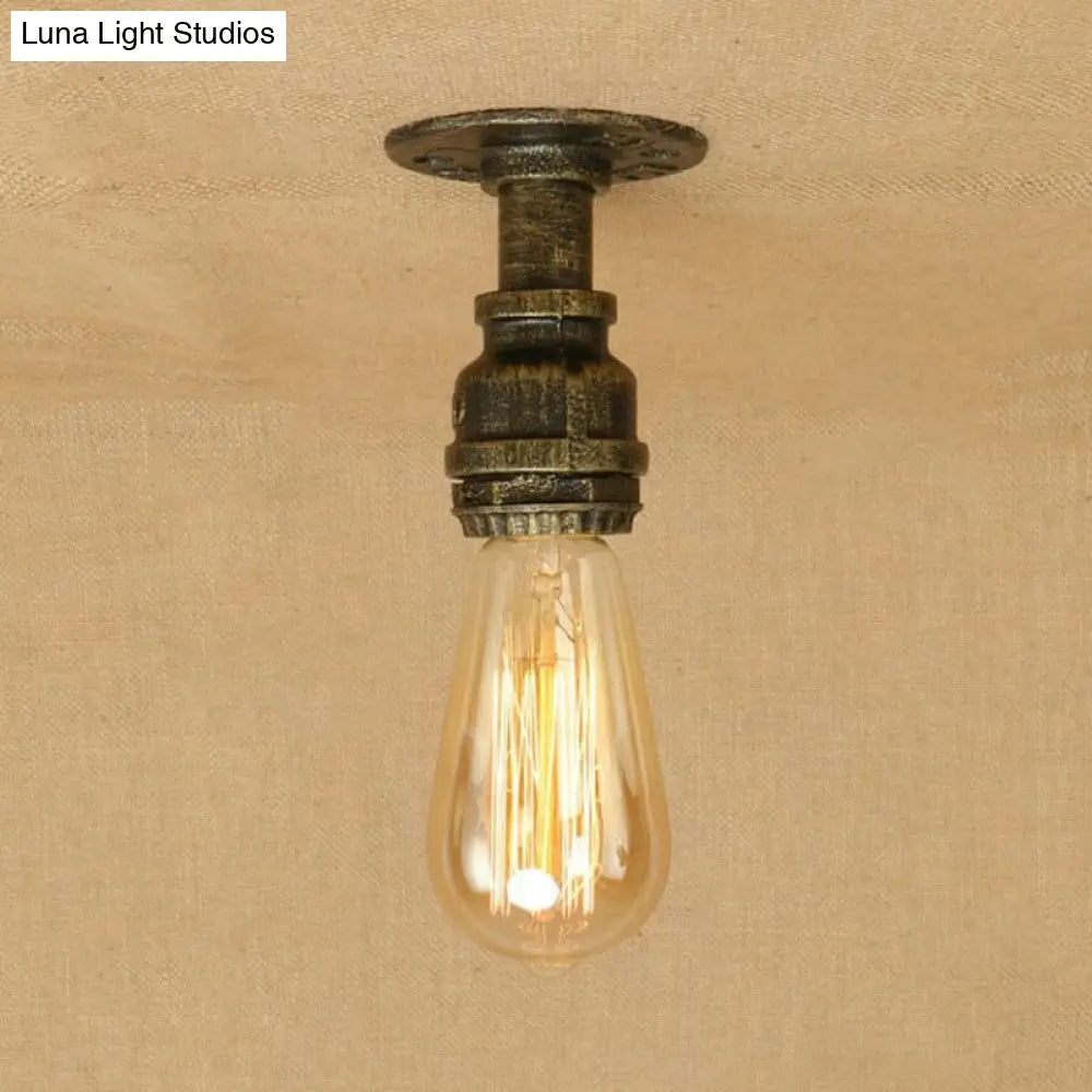 Semi Flush Industrial Rustic Ceiling Lamp - Open Bulb Iron Head In Bronze/Antique Brass For